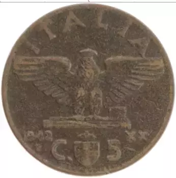 Монета 5 чентезимо Италии 1942 года Бронза Витторио Эмануил III