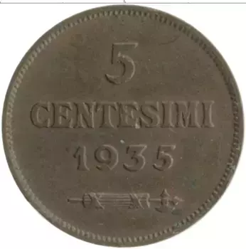 Монета 5 чентезимо Сан-Марино 1935 года Бронза