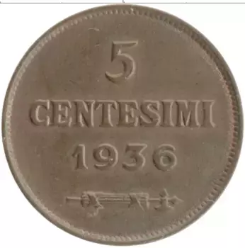 Монета 5 чентезимо Сан-Марино 1936 года Бронза