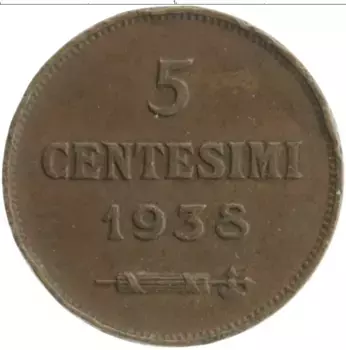 Монета 5 чентезимо Сан-Марино 1938 года Бронза