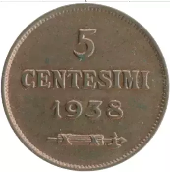 Монета 5 чентезимо Сан-Марино 1938 года Бронза