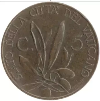 Монета 5 чентезимо Ватикана 1932 года Бронза Пий XI