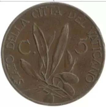 Монета 5 чентезимо Ватикана 1937 года Бронза Пий XI