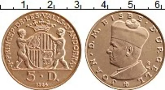 Монета 5 динерс Андорры 1984 года Медь Князь Жоан Марти-и-Аланис
