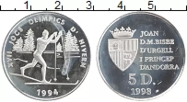 Монета 5 динерс Андорры 1993 года Серебро Олимпийские игры 1994
