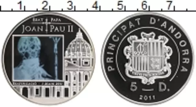 Монета 5 динерс Андорры 2011 года Серебро Беатификация Иоанна Павла II