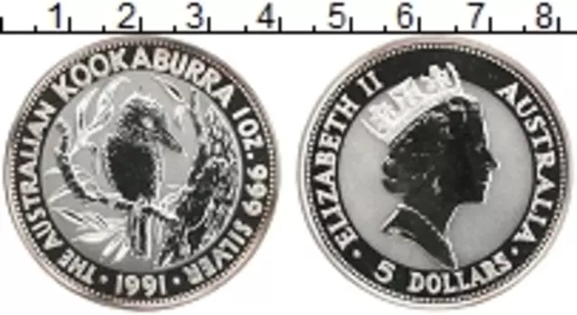 Монета 5 долларов Австралии 1991 года Серебро Кукабара