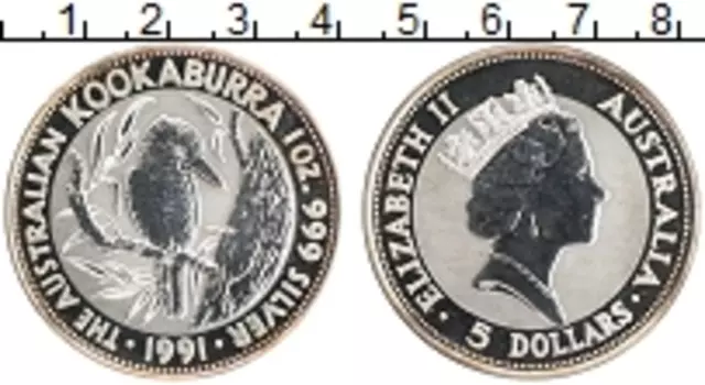 Монета 5 долларов Австралии 1991 года Серебро Кукабурра
