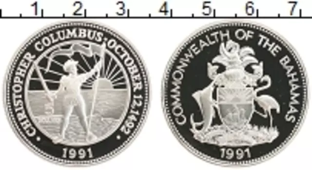 Монета 5 долларов Багамских островов 1991 года Серебро 500 лет открытия Америки