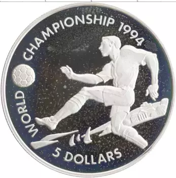 Монета 5 долларов Багамских островов 1993 года Серебро Чемпионат мира по футболу 1994