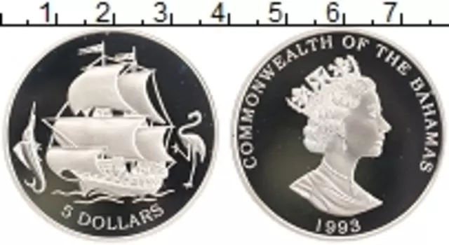 Монета 5 долларов Багамских островов 1993 года Серебро Елизавета II