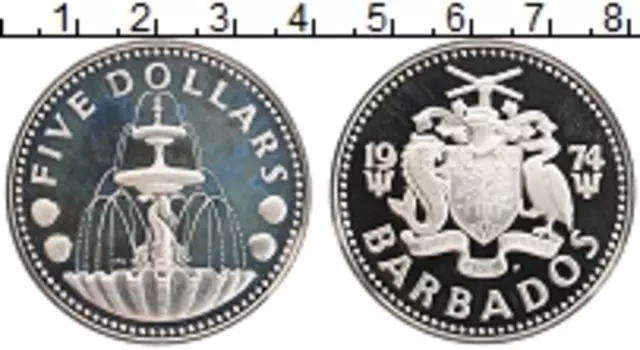 Монета 5 долларов Барбадоса 1974 года Серебро