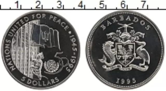 Монета 5 долларов Барбадоса 1995 года Медно-никель 50 лет ООН