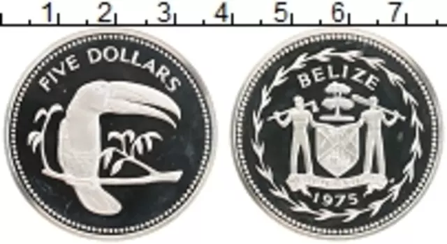 Монета 5 долларов Белиза 1975 года Серебро Тукан