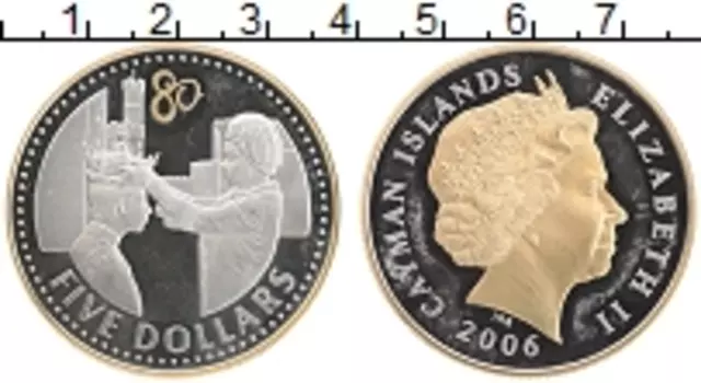 Монета 5 долларов Каймановых островов 2006 года Серебро 80 лет королеве Елизавете II