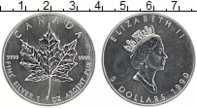 Монета 5 долларов Канады 1990 года Серебро Кленовый лист