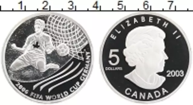 Монета 5 долларов Канады 2003 года Серебро Чемпионат Мира по футболу в Германии 2006 г
