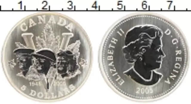 Монета 5 долларов Канады 2005 года Серебро 60 лет Победы