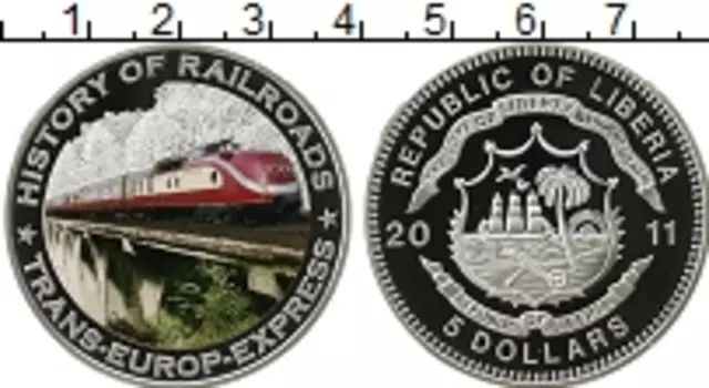 Монета 5 долларов Либерии 2011 года Серебро История железных дорог