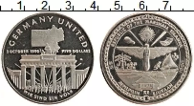 Монета 5 долларов Маршалловых островов 1990 года Медно-никель Объединение Германии