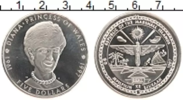 Монета 5 долларов Маршалловых островов 1997 года Медно-никель Принцесса Диана