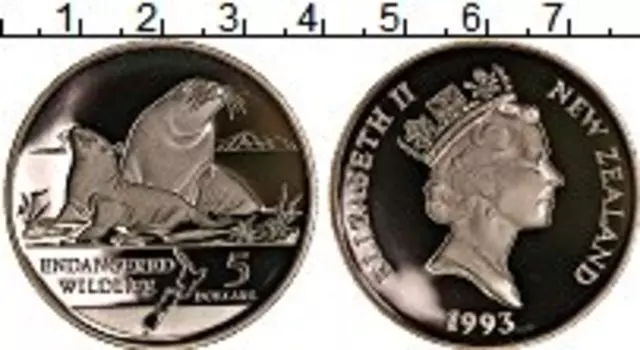 Монета 5 долларов Новой Зеландии 1993 года Серебро Морские львы