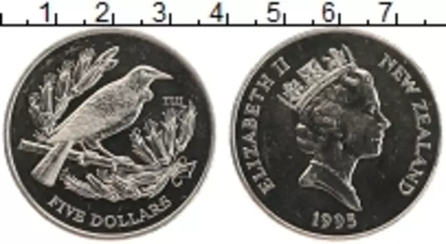 Монета 5 долларов Новой Зеландии 1995 года Медно-никель Елизавета II Птица