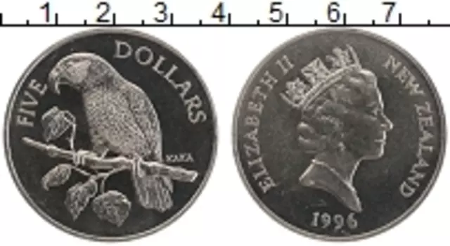 Монета 5 долларов Новой Зеландии 1996 года Медно-никель Попугай Елизавета II