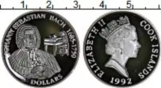 Монета 5 долларов Островов Кука 1992 года Серебро Иоган Себастьян Бах