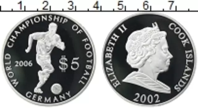 Монета 5 долларов Островов Кука 2002 года Серебро Чемпионат Мира по футболу в Германии 2006 г