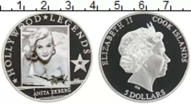 Монета 5 долларов Островов Кука 2012 года Серебро Голливудские легенды - Анита Экберг