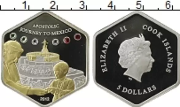 Монета 5 долларов Островов Кука 2012 года Серебро Визит Бенедикта XVI в Мексику