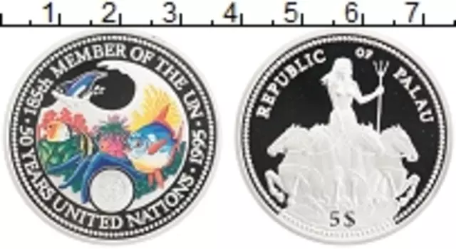 Монета 5 долларов Палау 1995 года Серебро 50 лет ООН