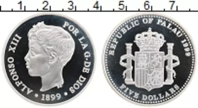 Монета 5 долларов Палау 1999 года Серебро Альфонсо XIII