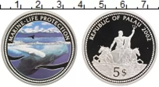 Монета 5 долларов Палау 2002 года Серебро Защита морской жизни