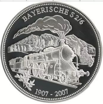 Монета 5 долларов Палау 2007 года Серебро 100 лет паровозу Bayerische S 2/6