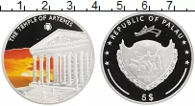 Монета 5 долларов Палау 2009 года Серебро Храм Артемиды цветная печать