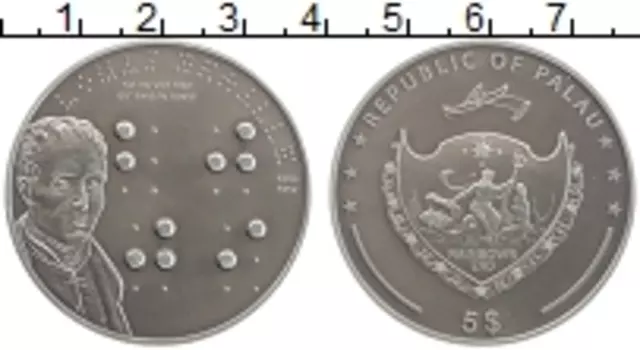 Монета 5 долларов Палау 2009 года Серебро Луи Брайль