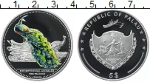 Монета 5 долларов Палау 2009 года Серебро Павлин