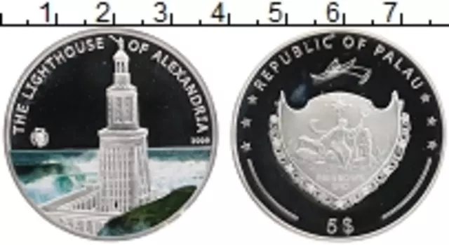 Монета 5 долларов Палау 2009 года Серебро Семь чудес света