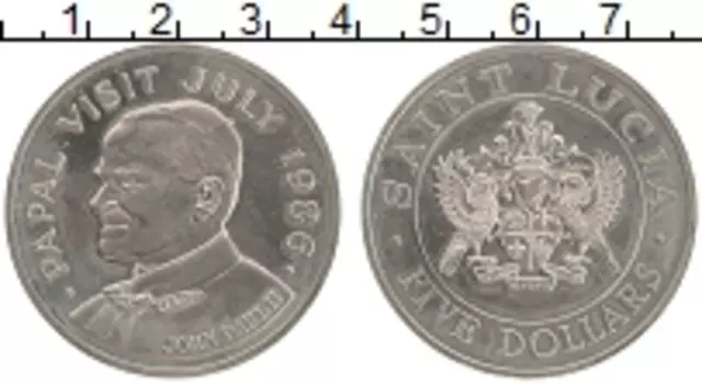 Монета 5 долларов Сент-Люсии 1986 года Медно-никель Визит Иоанна Павла II