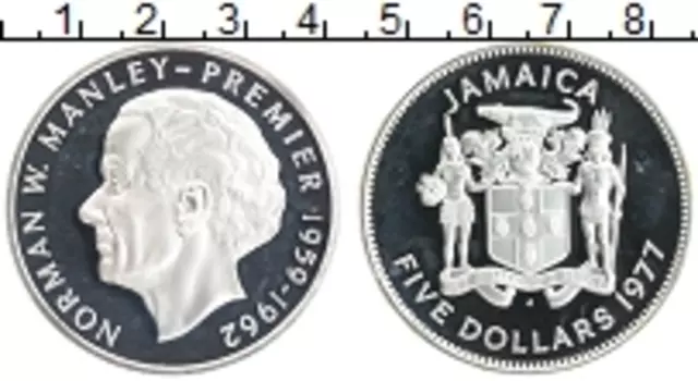 Монета 5 долларов Ямайки 1977 года Серебро Норман Мэнли