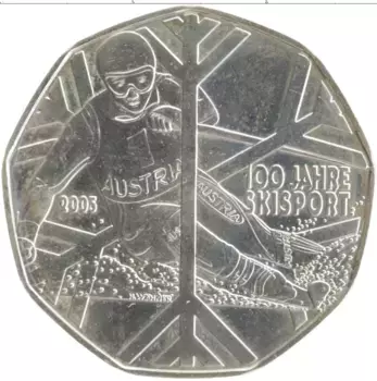 Монета 5 евро Австрии 2005 года Серебро 100 лет лыжному спорту