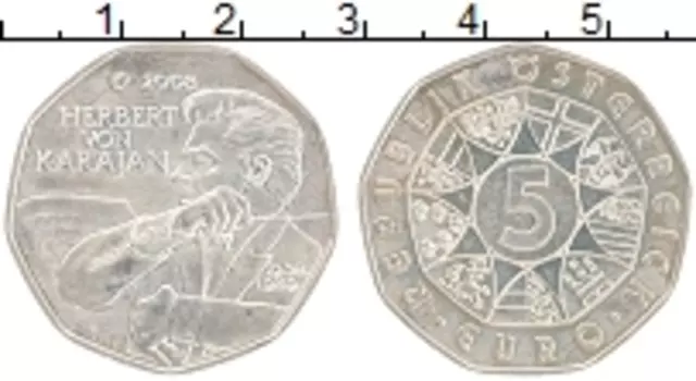 Монета 5 евро Австрии 2008 года Серебро 100 лет со дня рождения Герберта фон Караяна