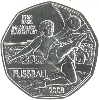 Монета 5 евро Австрии 2008 года Серебро Чемпионат Европы по футболу
