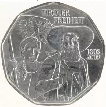 Монета 5 евро Австрии 2009 года Серебро 200 лет Тирольскому восстанию