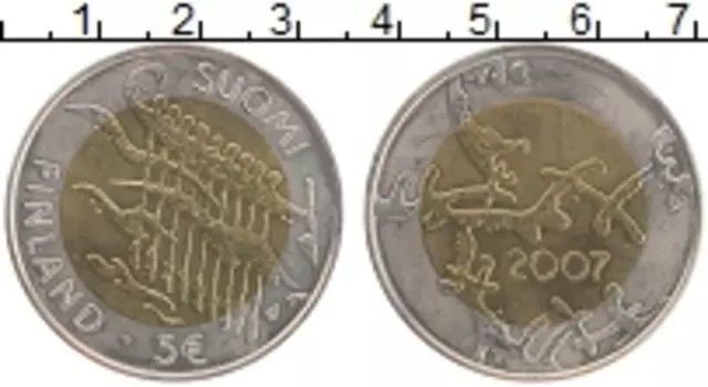 Монета 5 евро Финляндии 2007 года Биметалл 90 лет Независимости Финляндии