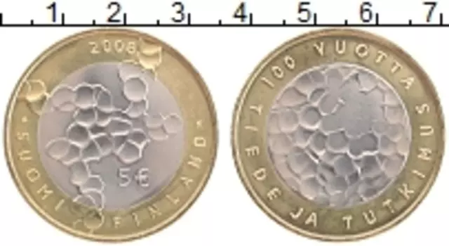 Монета 5 евро Финляндии 2008 года Биметалл 100 лет Финской науке