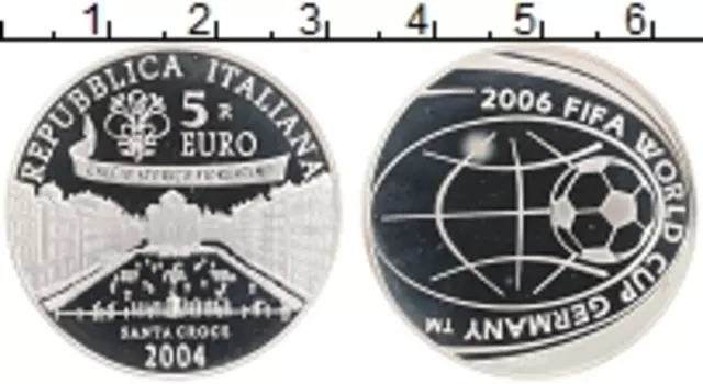 Монета 5 евро Италии 2004 года Серебро Чемпионат мира по футболу в Германии
