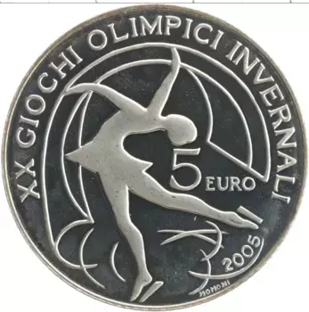 Монета 5 евро Италии 2005 года Серебро Олимпийские игры 2006